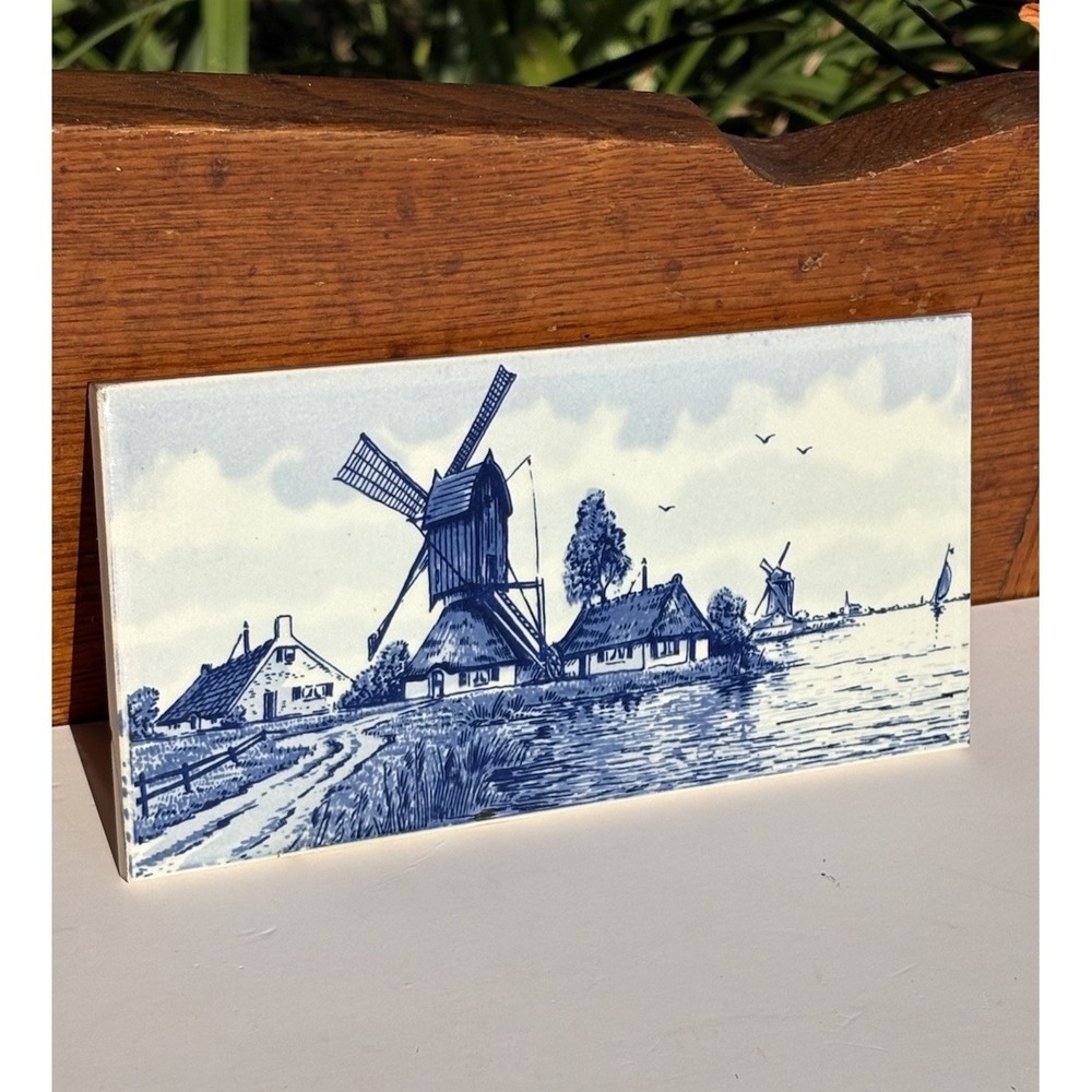 Vintage Hand Painted Delft Blue And White Tile Holland 10" X  8" Wind Mill